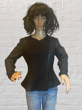 Neiman Marcus Black Leather Blend Moto Asymmetrical Jacket Suit Top Sz Small EUC
